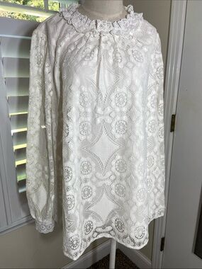 White Crochet Lace Long Sleeve Blouse Size 1X Pearl Buttons Victorian Romantic